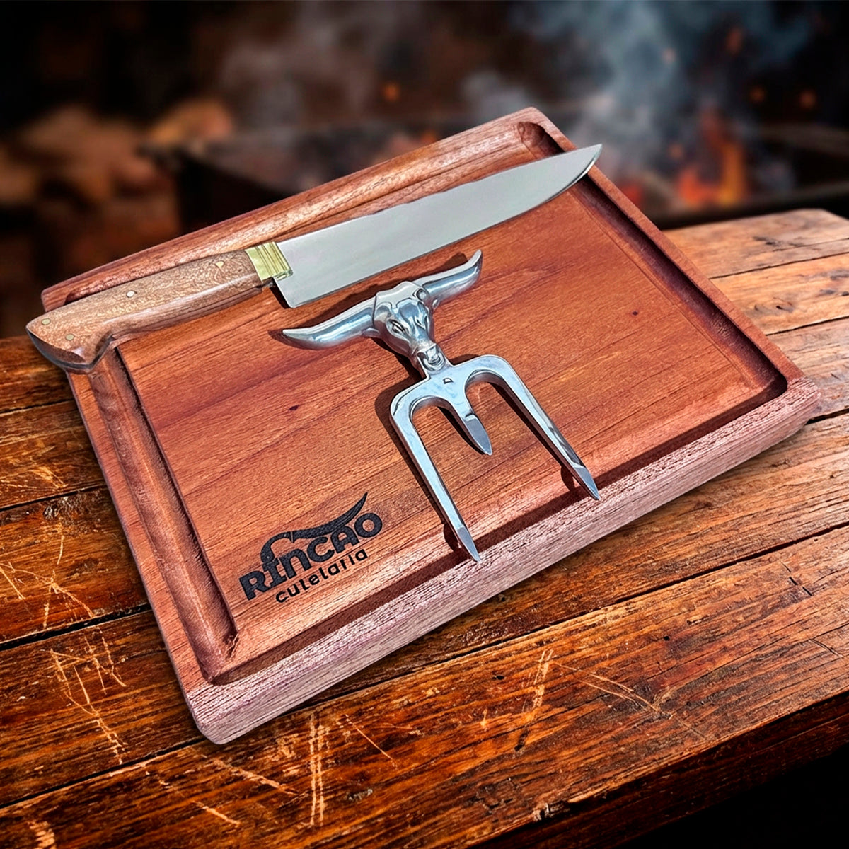 Kit De Churrasco Faca 8Pol Garra Touro e Tábua Carne
