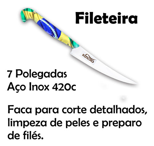 Faca Fileteira Artesanal 7pol Aço Inox Cabo Madeira Nobre