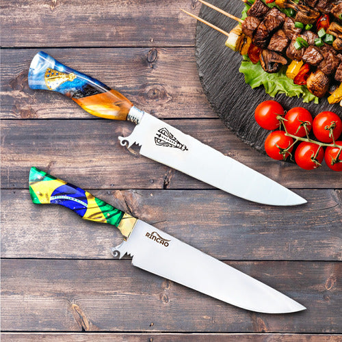 Conjunto Assador 2 Facas Artesanais 10 Polegadas Aço Inox 42