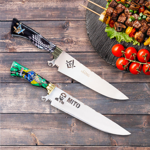 Conjunto Assador 2 Facas Artesanais 10 Polegadas Aço Inox