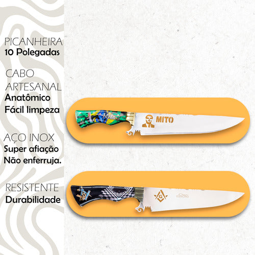 Conjunto Assador 2 Facas Artesanais 10 Polegadas Aço Inox