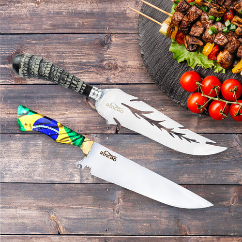 2 Facas Picanheira Artesanal 10 Para Assador Aço Inox 420c