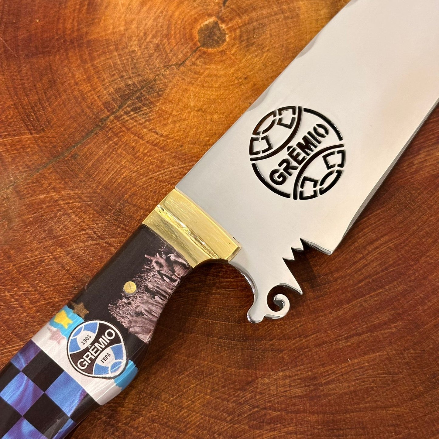 Faca Churrasco Artesanal Grêmio Time de Futebol Lâmina Vazada Inox