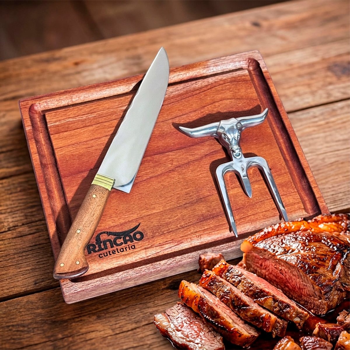 Kit De Churrasco Faca 8Pol Garra Touro e Tábua Carne
