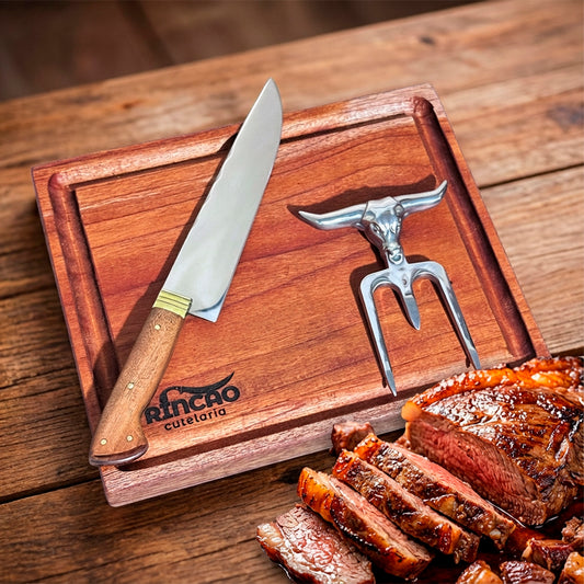 Kit De Churrasco Faca 8Pol Garra Touro e Tábua Carne