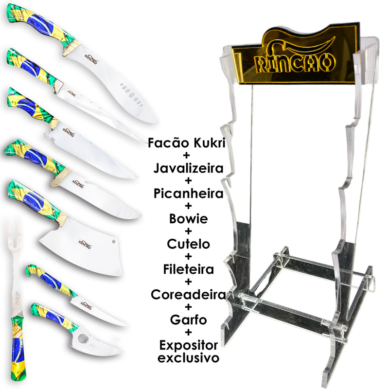 Kit 8 Facas Artesanais Churrasco + Brinde + Expositor