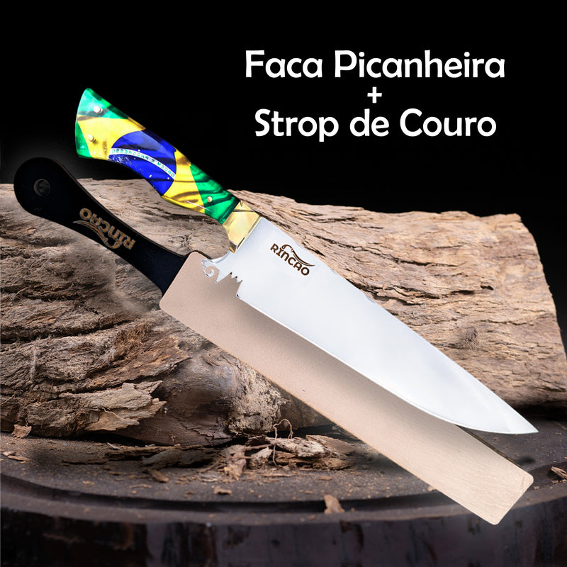 Kit Combo Faca Picanheira Churrasco 10pol + Strop Couro