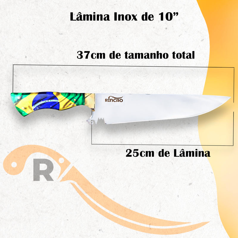 Faca Artesanal Churrasco 10pol Aço Inox Cabo Brasil