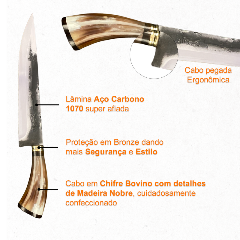 Faca Churrasco 10'' Rincão Aço Carbono 1070 Chifre Bovino