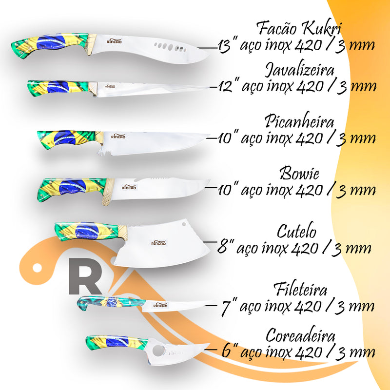 Kit Profissional Facas Artesanais Aço Inox 420c Cabo Brasil - Patriota