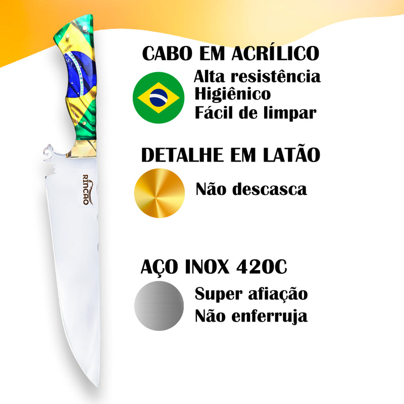 Faca Artesanal Churrasco 10pol Aço Inox Cabo Brasil