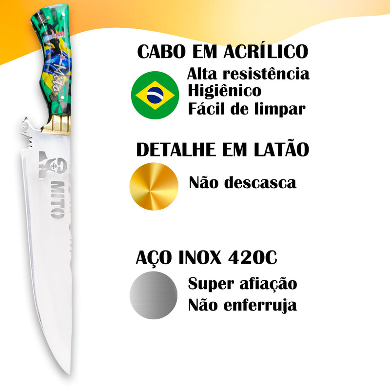 Faca Artesanal Churrasco 10pol Aço Inox Cabo Bolsonaro Mito