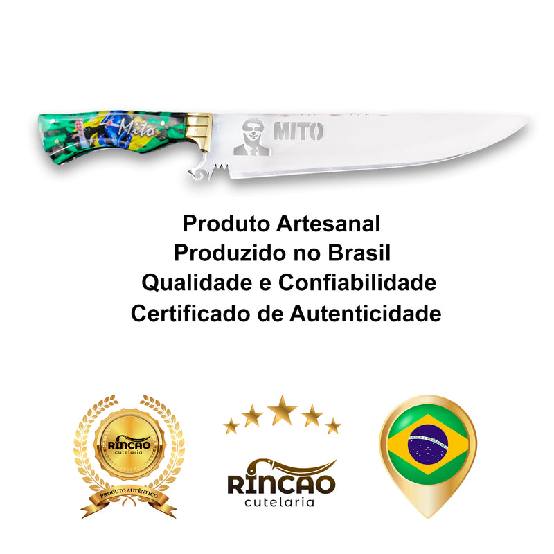 Faca Artesanal Churrasco 10pol Aço Inox Cabo Bolsonaro Mito