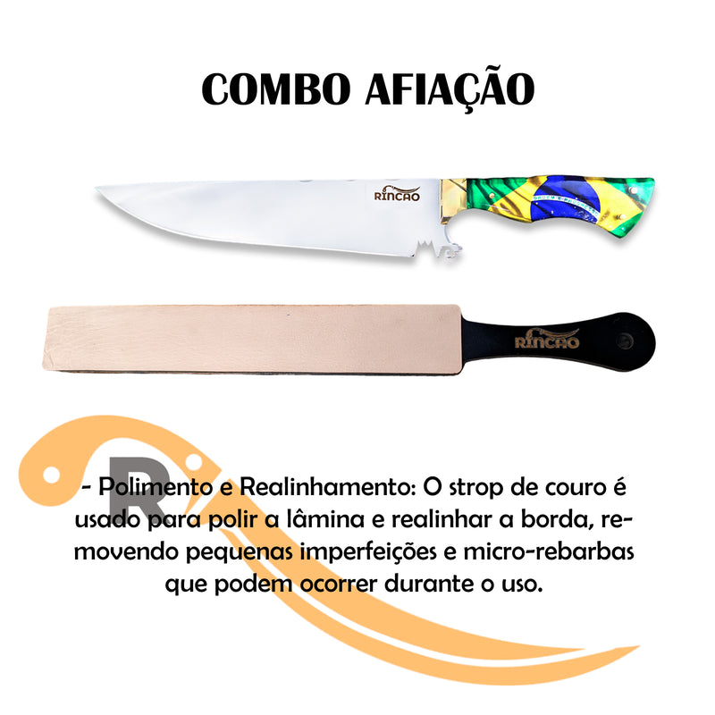 Kit Combo Faca Picanheira Churrasco 10pol + Strop Couro