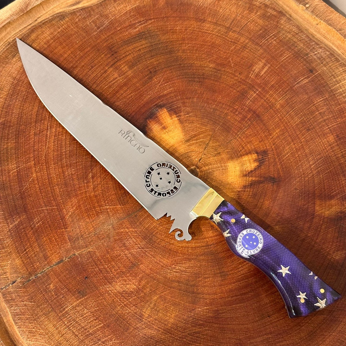 Faca Churrasco Artesanal Cruzeiro Time de Futebol Lâmina Vazada Inox