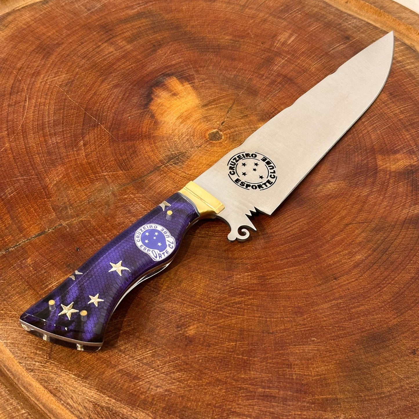 Faca Churrasco Artesanal Cruzeiro Time de Futebol Lâmina Vazada Inox