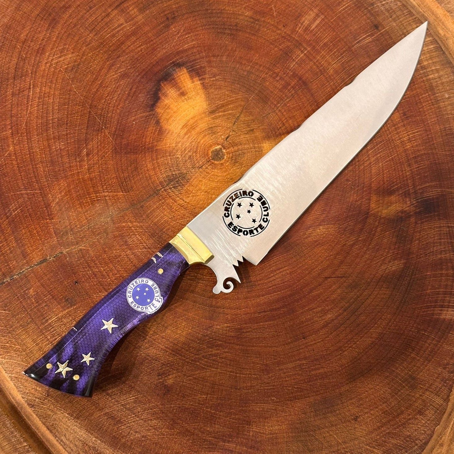 Faca Churrasco Artesanal Cruzeiro Time de Futebol Lâmina Vazada Inox
