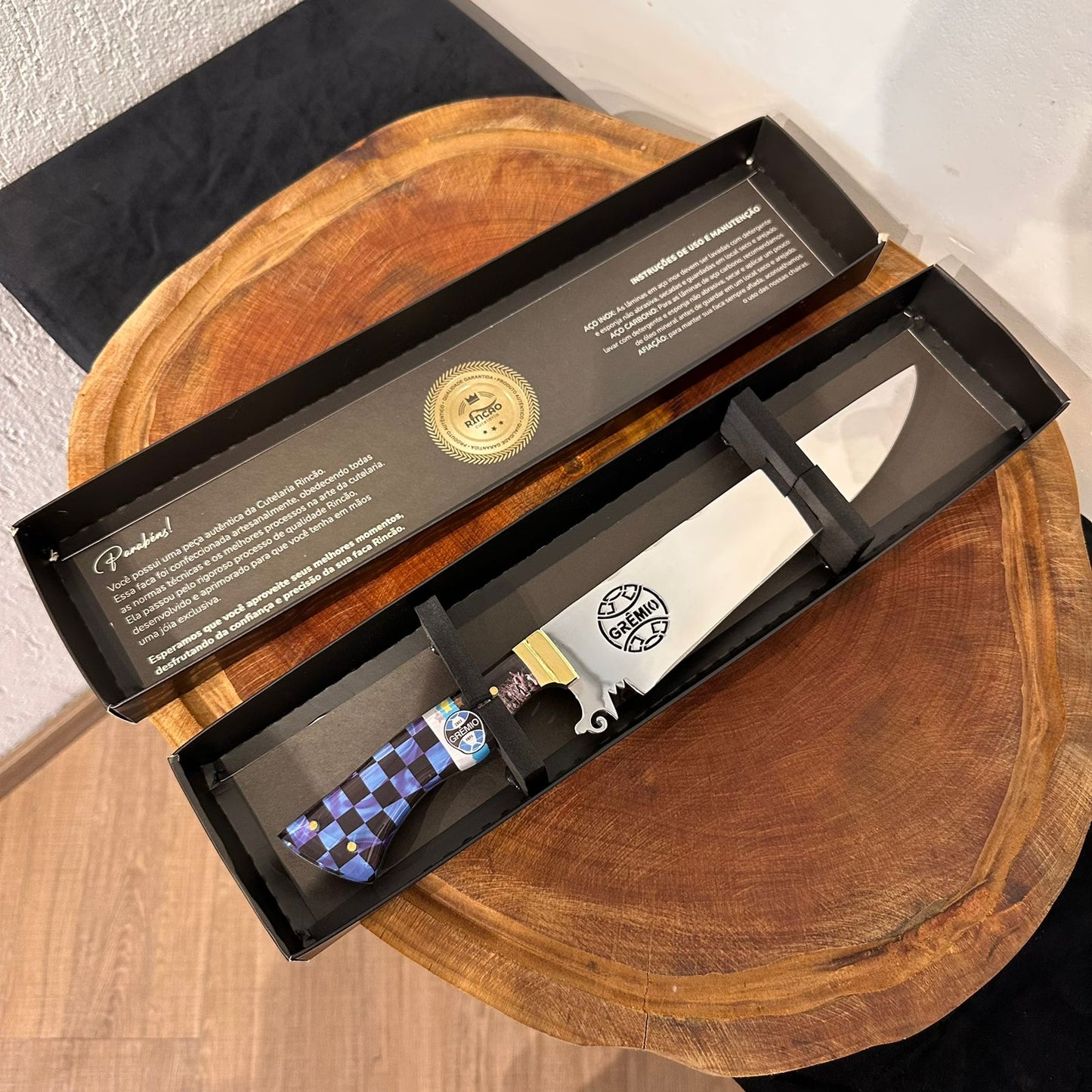 Faca Churrasco Artesanal Grêmio Time de Futebol Lâmina Vazada Inox