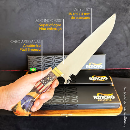 Faca Churrasco 10pol Aço Inox Brasil x Estados Unidos - Cabo Acrílico