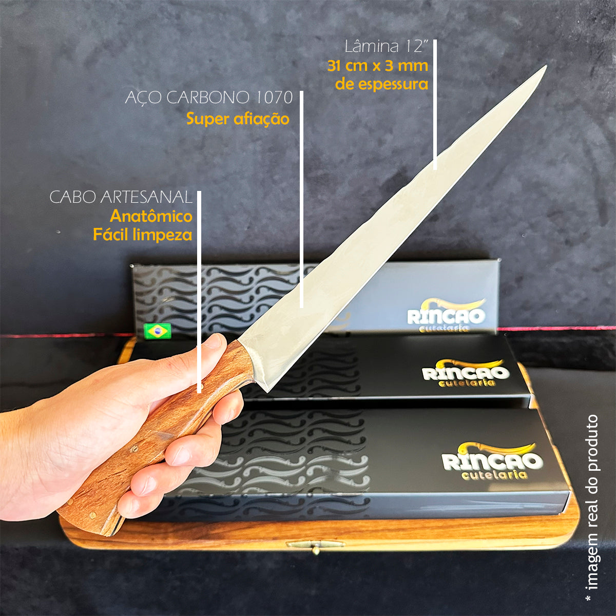 Faca Artesanal Javalizeira 12pol Aço Inox - Cabo Madeira Nobre