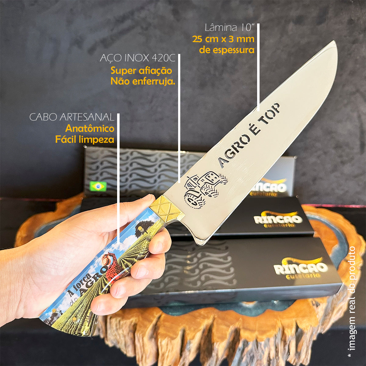Faca Churrasco 10pol Aço Inox Agro é Top Campo - Cabo Acrílico