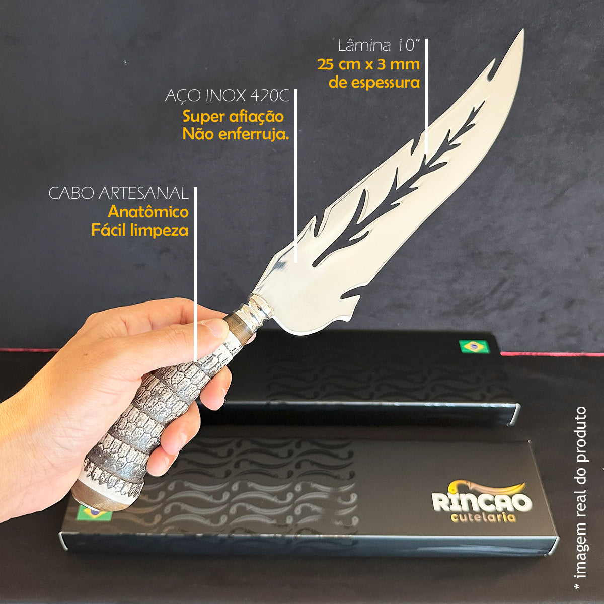 Faca Folha Artesanal 10pol Aço Inox - Cabo Rabo de Tatu