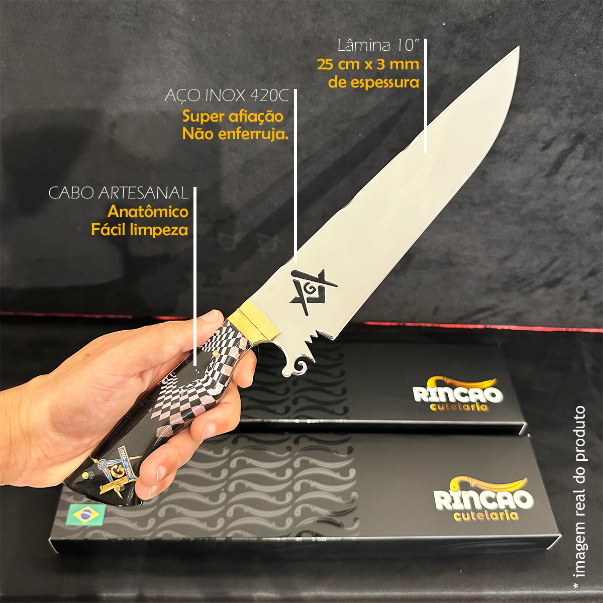 Faca Churrasco 10pol Aço Inox Maçom - Cabo Acrílico