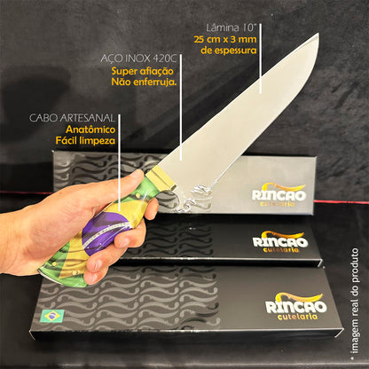 Faca Artesanal 10pol Aço Inox Brasil - Cabo Acrílico