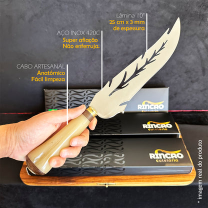 Faca Artesanal Folha 10pol Aço Inox - Cabo Osso Bovino